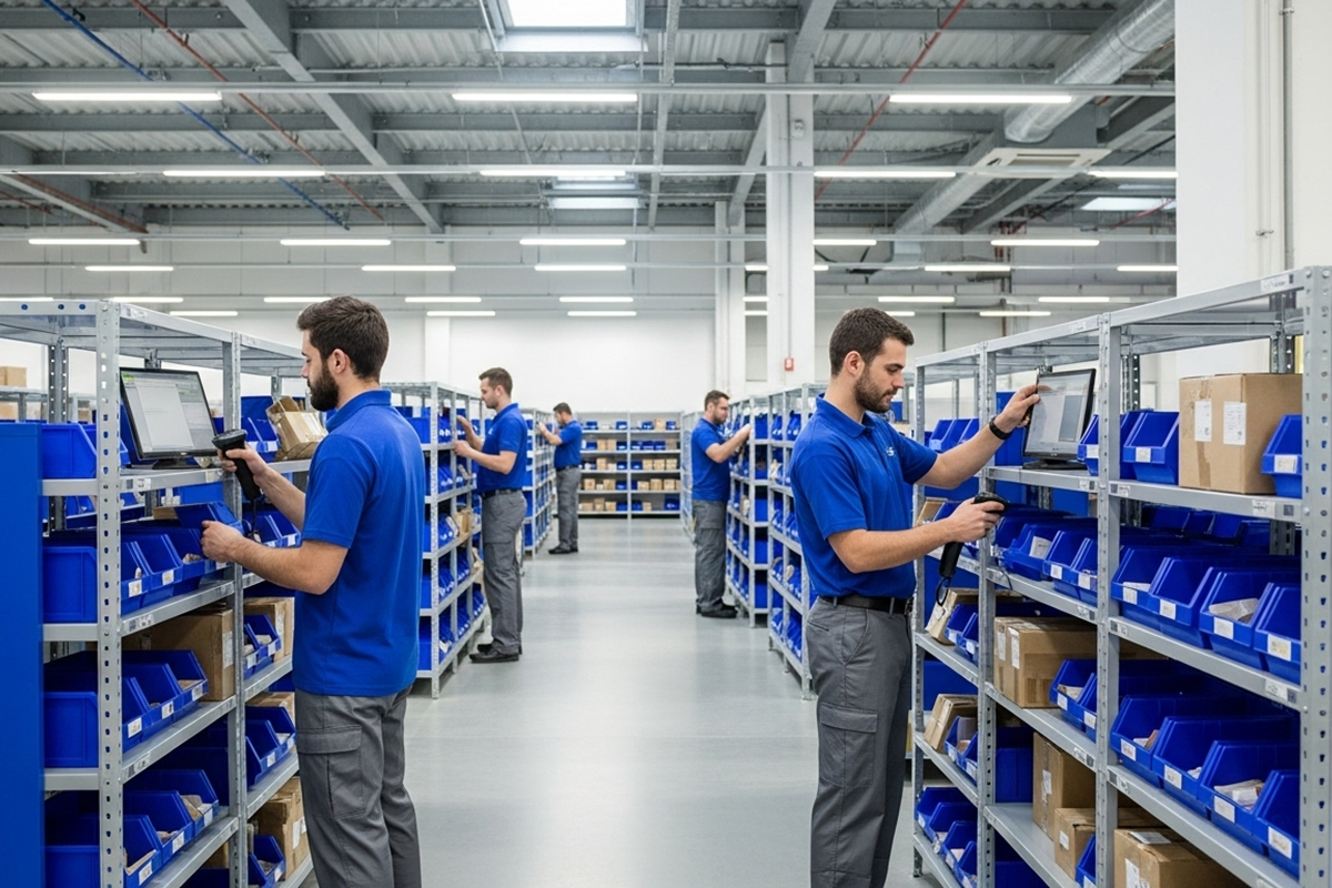 Logistics warehouse with staff managing parcels